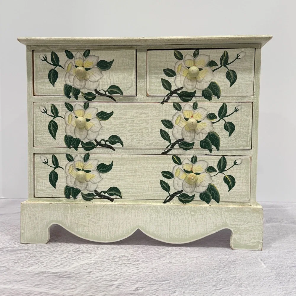 Vintage Hand Painted Magnolia Floral Wooden Jewelry Chest Tabletop 4 Drawer Box